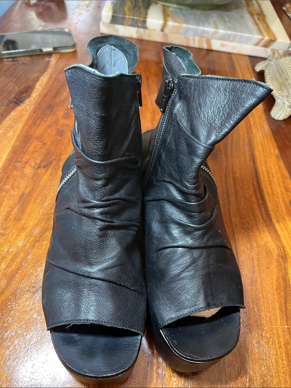 Black Leather Open-Toe Mule Clogs with Side Zip